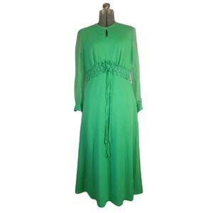 Vintage 60s 70s Green Boho Maxi Dress Volup Mod Gogo Sheer Sleeve Large‎